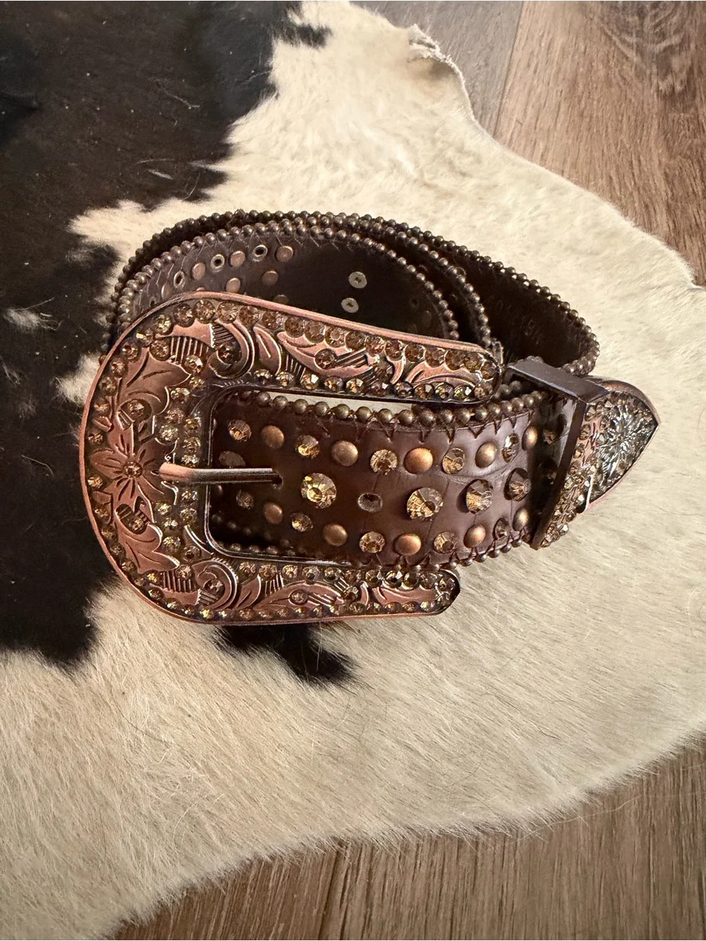 Brown Rhinestone studded Western Leather Belt with Decorative Buckle NWOT